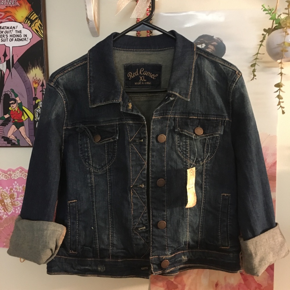 NEW WITH TAGS cropped dark denim jacket XL extra large metal buttons